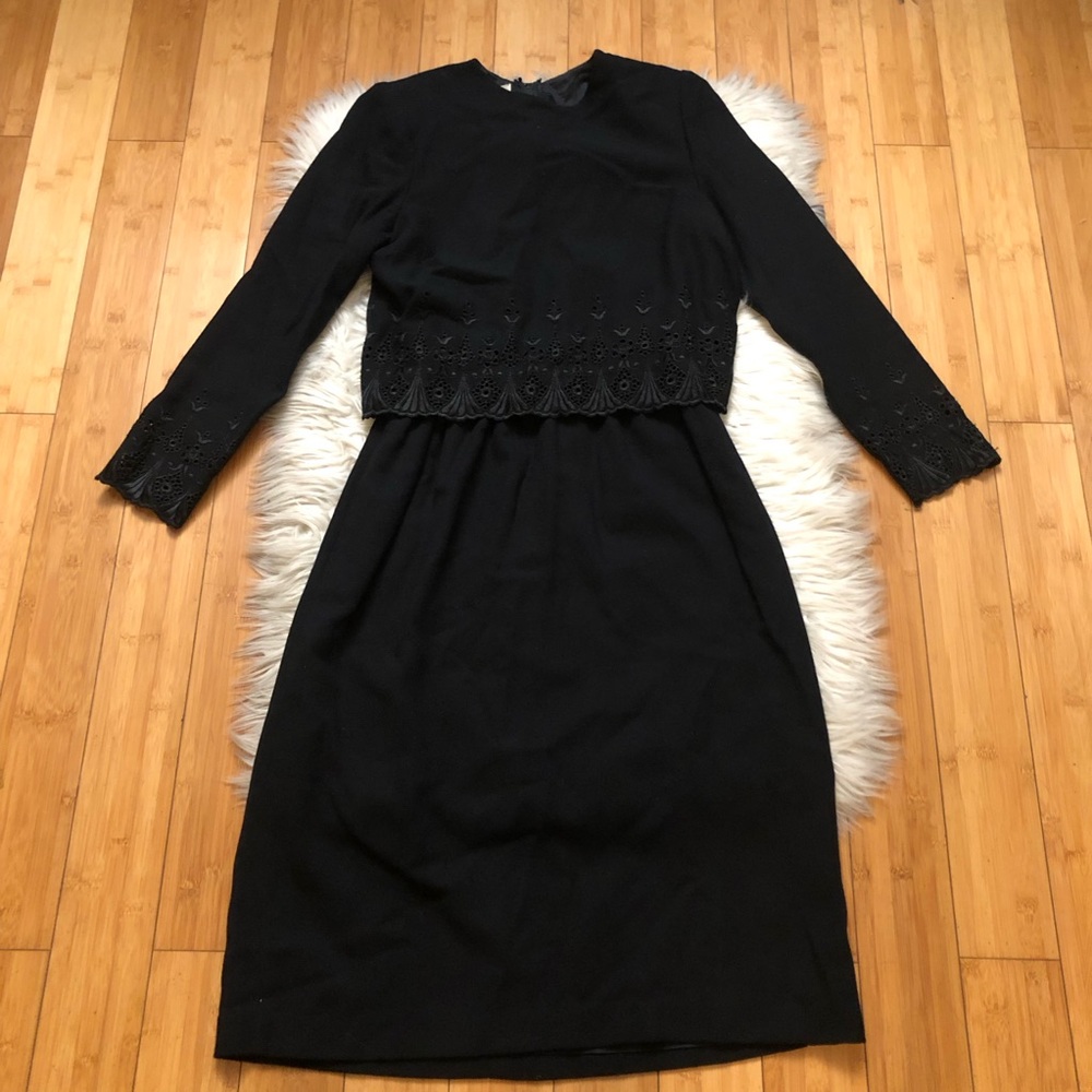 Vintage NR1 Ned Gould Wool Eyelet Embroidered Button Back Black Midi Dress 10